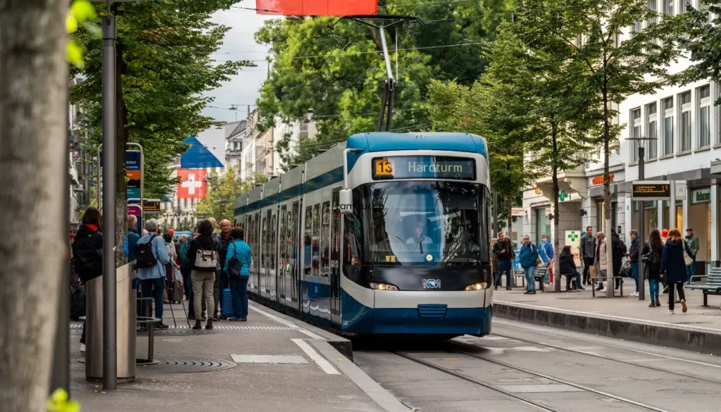 Modern tram stopping in Zurich city center with passengers waiting at the platform